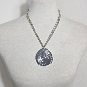 Chico's Multi-Strand Silver Tone Necklace Large Oval Pendant Starburst Design